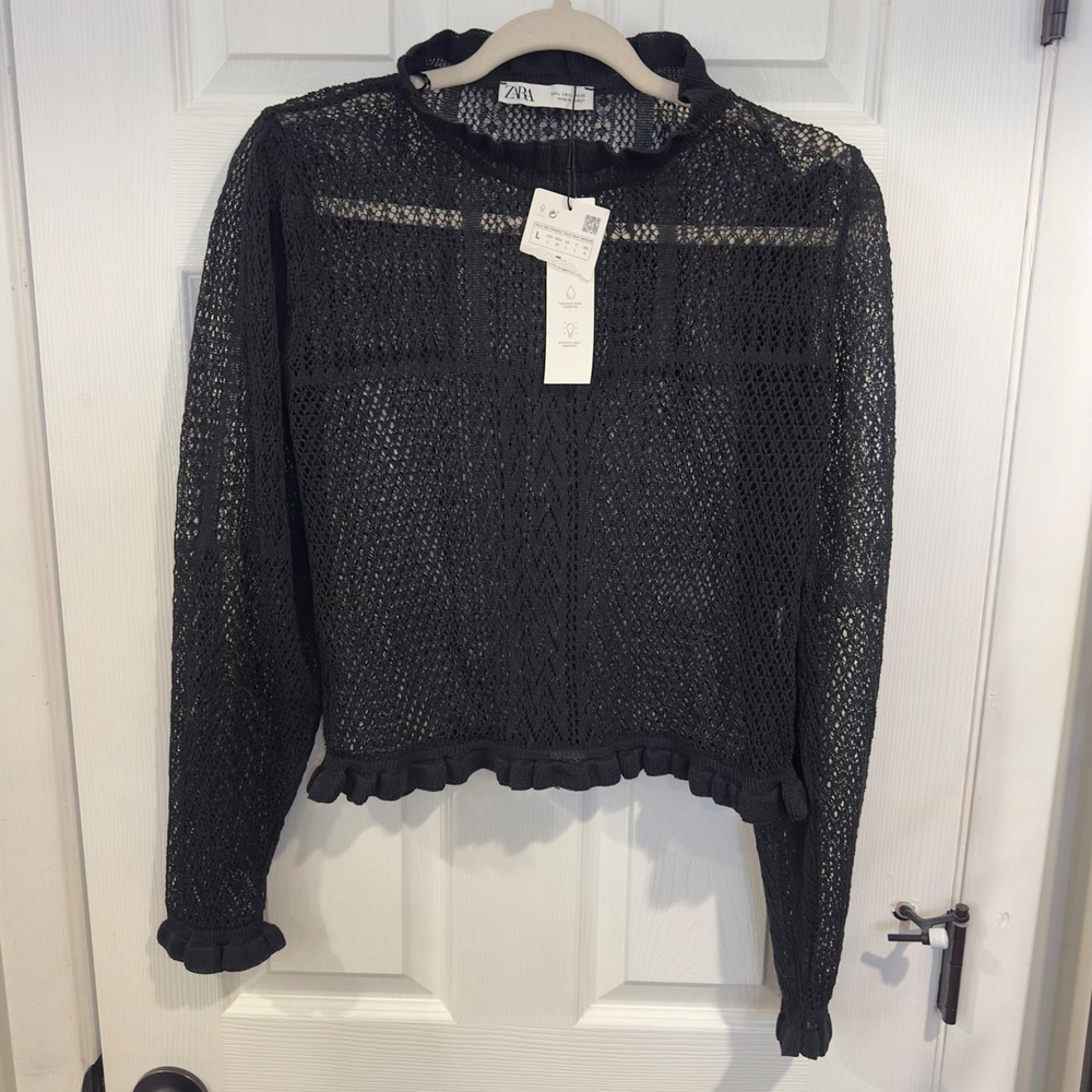 Zara Womens Black Open Knit Crochet Ruffle Trim High Neck Sweater Large NEW - Picture 6 of 7
